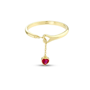 Kırmızı Taşlı Altın Sallantılı Kalp Yüzük - Görsel 1