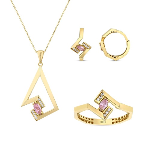 Pembe Taşlı Altın Üçlü Set