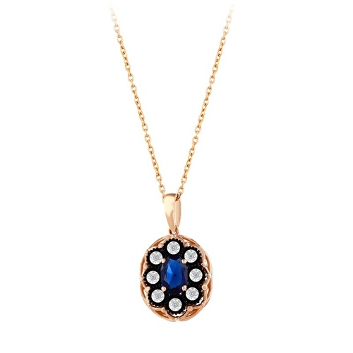 Elmas Safir Renklı Oval Kolye