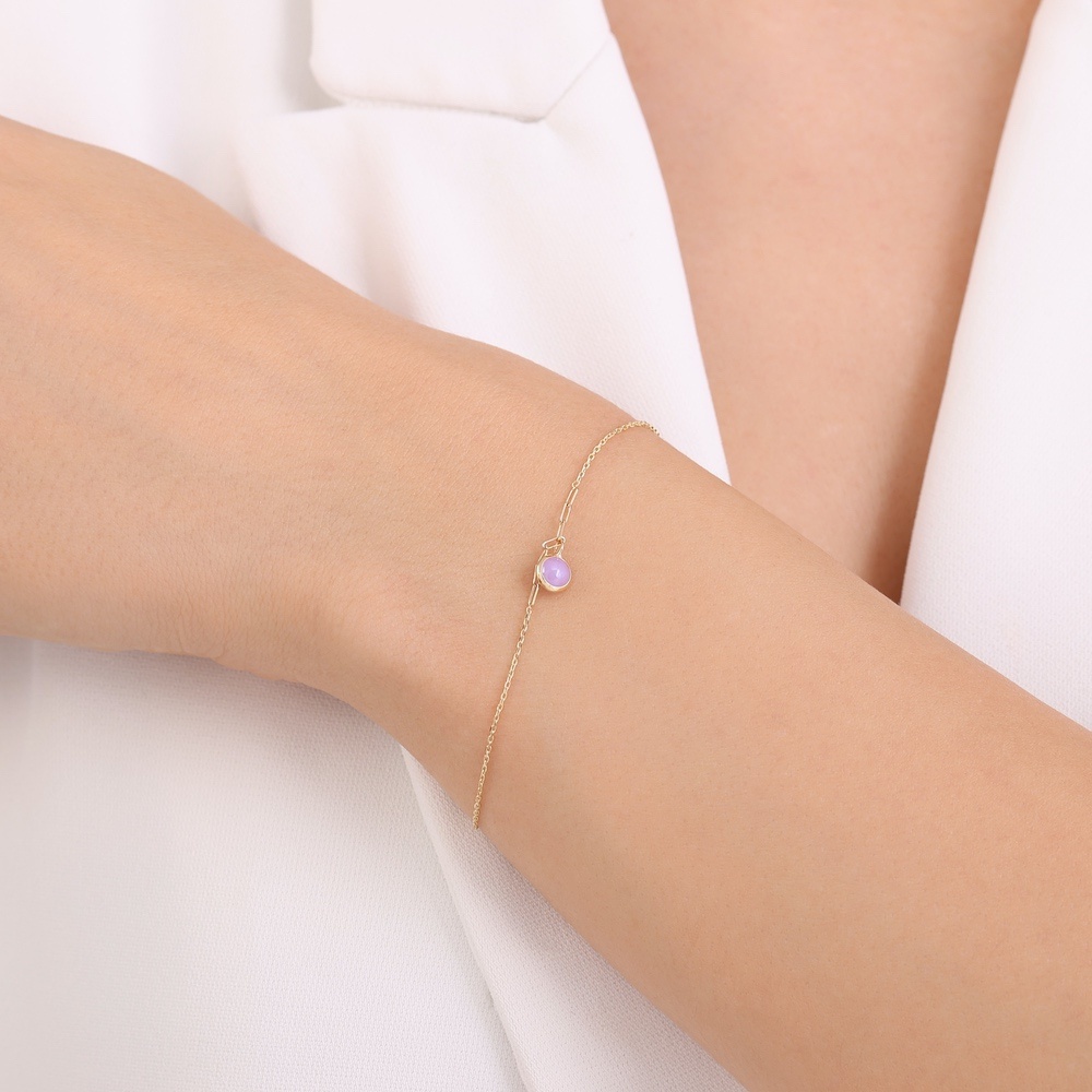 Mor Taşlı Altın Zincir Bileklik