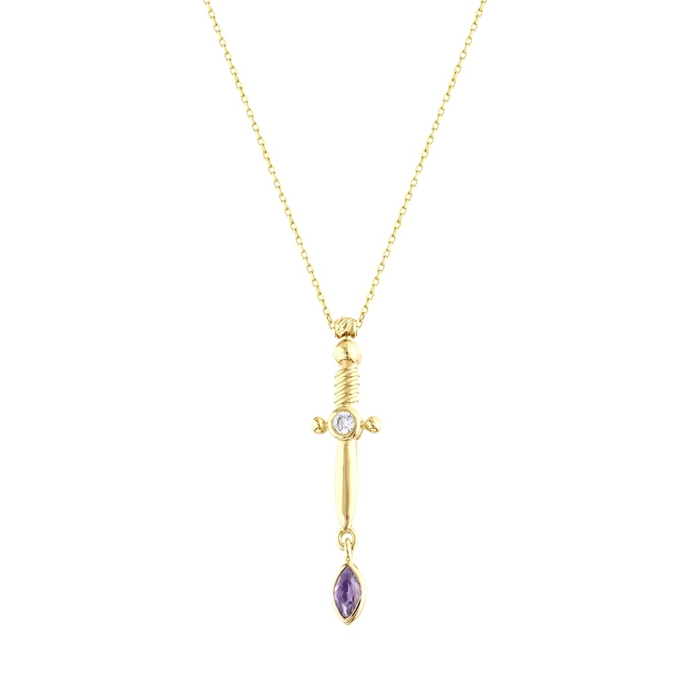 Mor Taşlı Altın Kılıç Kolye