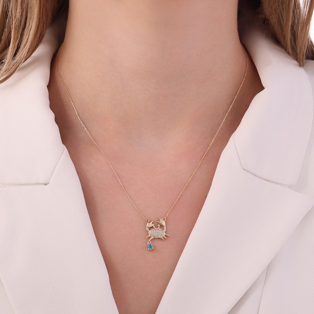 Mavi Taşlı Altın Yengeç Kolye