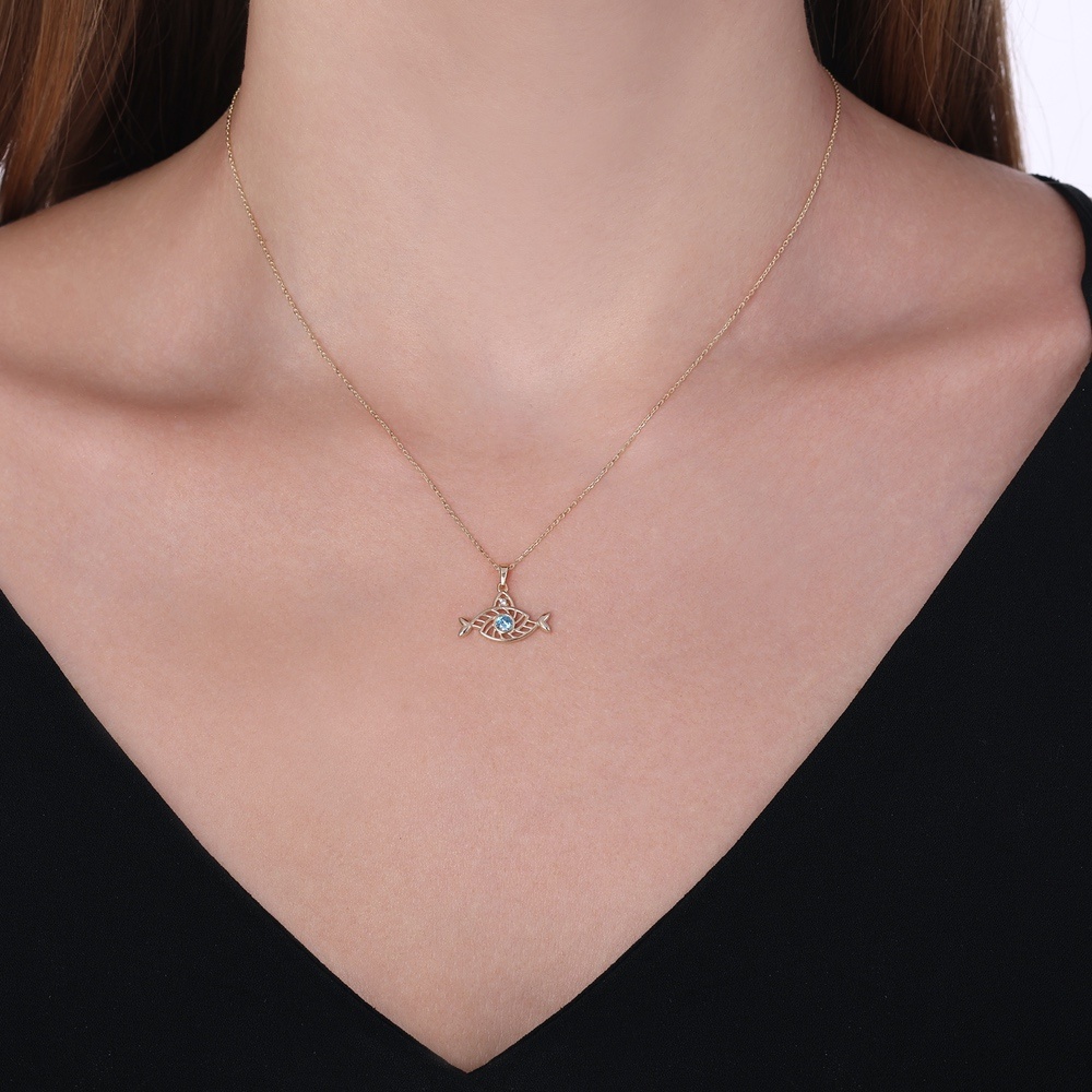 Mavi Taşlı Altın Balık Kolye