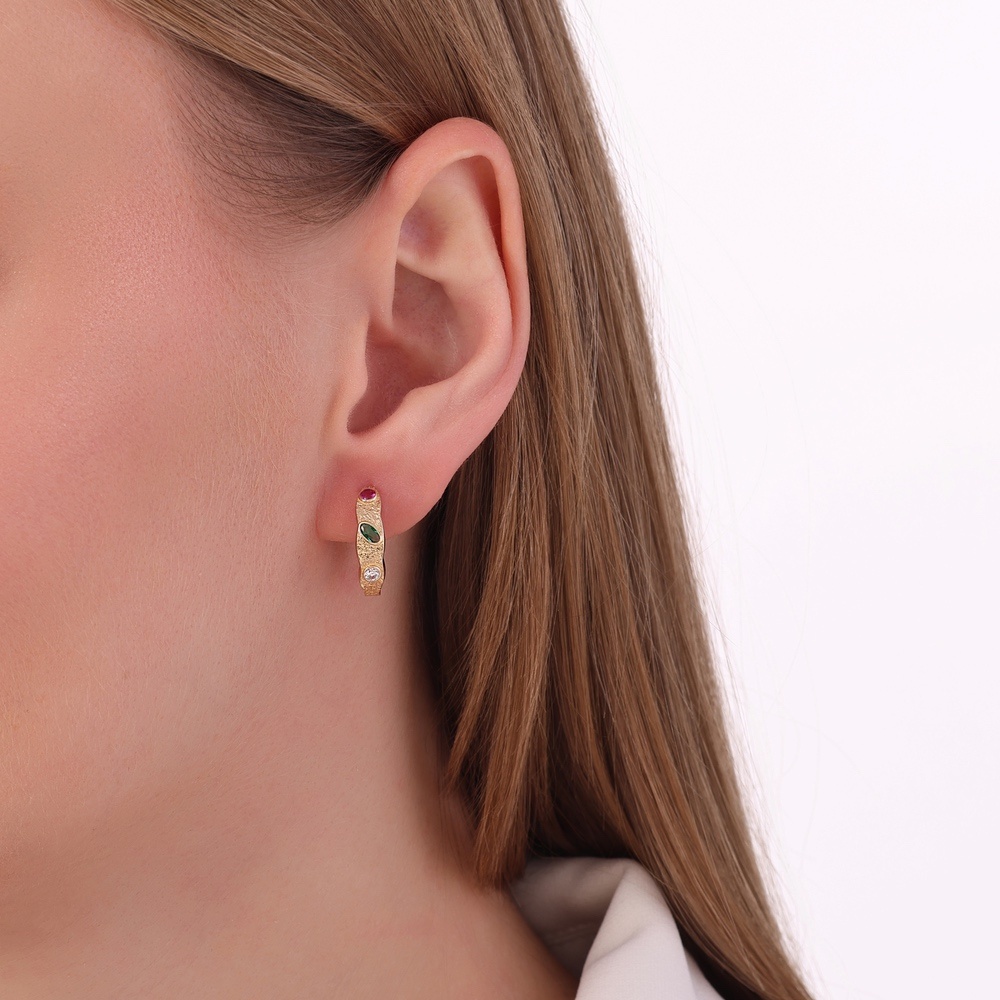 Renkli Taşlı Altın Halka Küpe