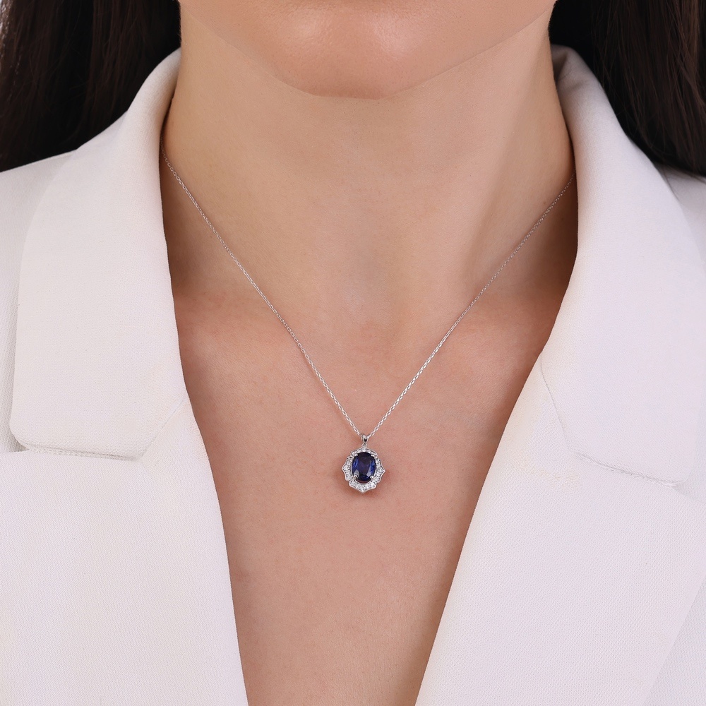 Pırlanta Safir Taşlı Kolye